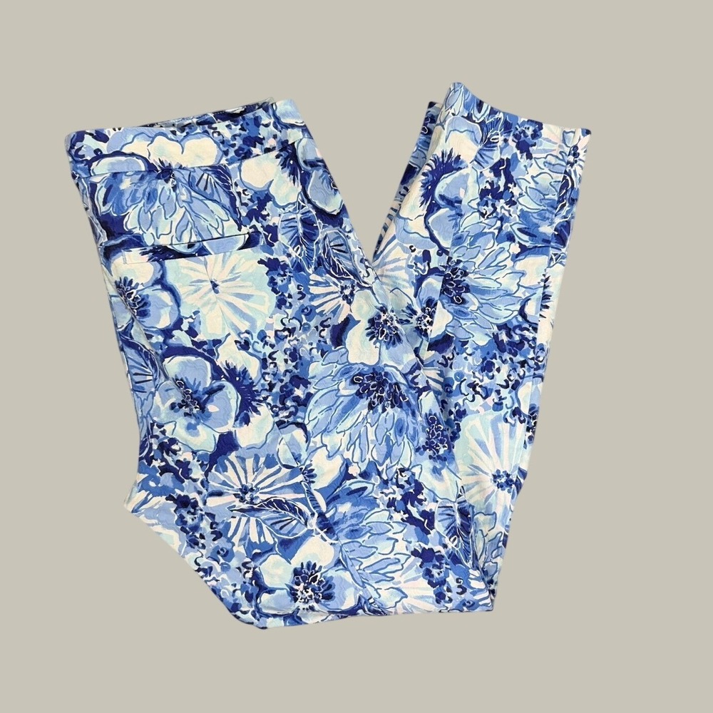 Lilly Pulitzer Kelly Ankle Pants Size 12 Blue Floral Jacquard Slim Trousers